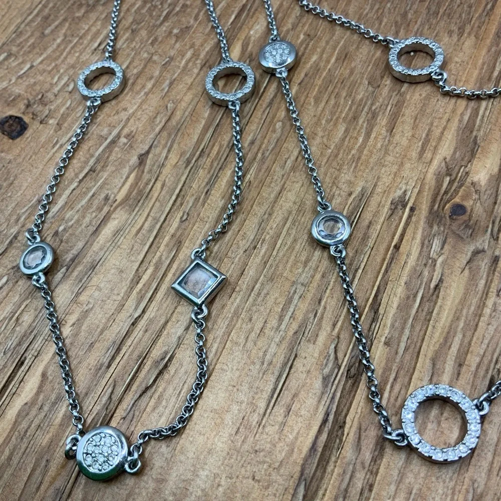 Lia Sophia Long Station Style Geometric Shapes Rhinestone Silver Tone Necklace